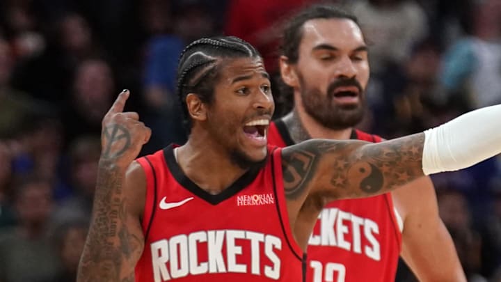 Apr 6, 2025; San Francisco, California, USA; Houston Rockets guard Jalen Green (4) looks towards the team bench after a play against the Golden State Warriors in the fourth quarter at the Chase Center. Mandatory Credit: Cary Edmondson-Imagn Images Apr 6, 2025; San Francisco, California, USA; Houston Rockets guard Jalen Green (4) looks towards the team bench after a play against the Golden State Warriors in the fourth quarter at the Chase Center. Mandatory Credit: Cary Edmondson-Imagn Images