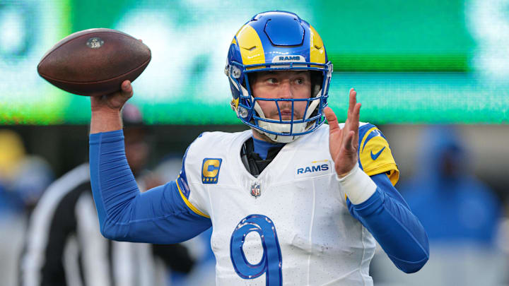 Dec 22, 2024; East Rutherford, New Jersey, USA; Los Angeles Rams quarterback Matthew Stafford (9) throws the ball during the second half against the New York Jets at MetLife Stadium. Mandatory Credit: Vincent Carchietta-Imagn Images