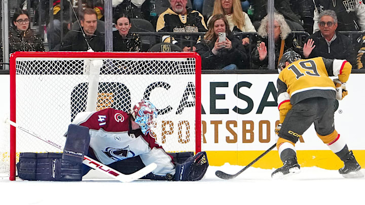 Dec 27, 2025; Las Vegas, Nevada, USA; Colorado Avalanche goaltender Scott Wedgewood (41) makes a save against Vegas Golden Knights right wing Reilly Smith (19) during a shoot out at T-Mobile Arena. Mandatory Credit: Stephen R. Sylvanie-Imagn Images