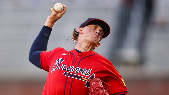 Sep 12, 2025; Atlanta, Georgia, USA; Atlanta Braves starting pitcher Hurston Waldrep (64) throws against the Houston Astros in the first inning at Truist Park. Mandatory Credit: Brett Davis-Imagn Images