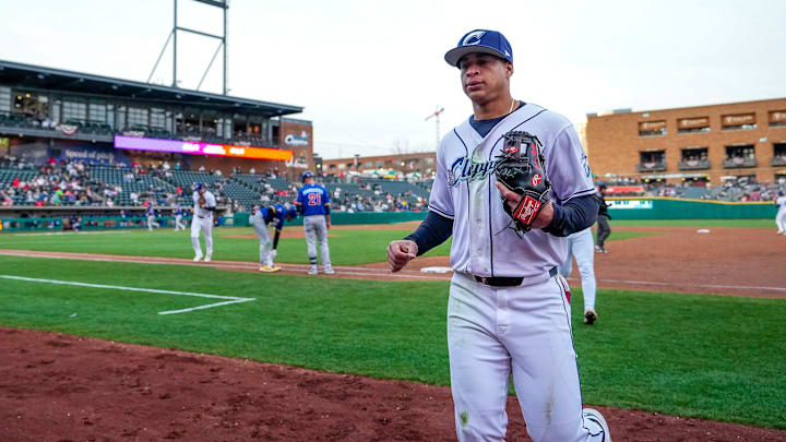 Columbus Clippers infielder Juan Brito (24) jogs to the dugout during the game against the St. Paul Saints at Huntington Park on Tuesday, April 1, 2025 in Columbus, Ohio.