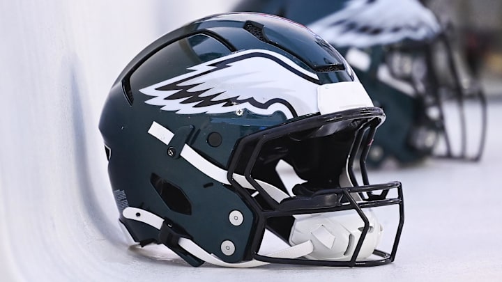 Aug 15, 2024; Foxborough, MA, USA; Philadelphia Eagles helmets sit on the bench during the first half against the New England Patriots at Gillette Stadium. Mandatory Credit: Eric Canha-Imagn Images