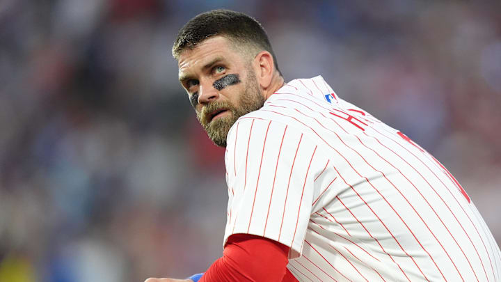 Jul 22, 2025; Philadelphia, Pennsylvania, USA; Philadelphia Phillies infielder Bryce Harper (3) looks on against the Boston Red Sox in the fifth inning at Citizens Bank Park.