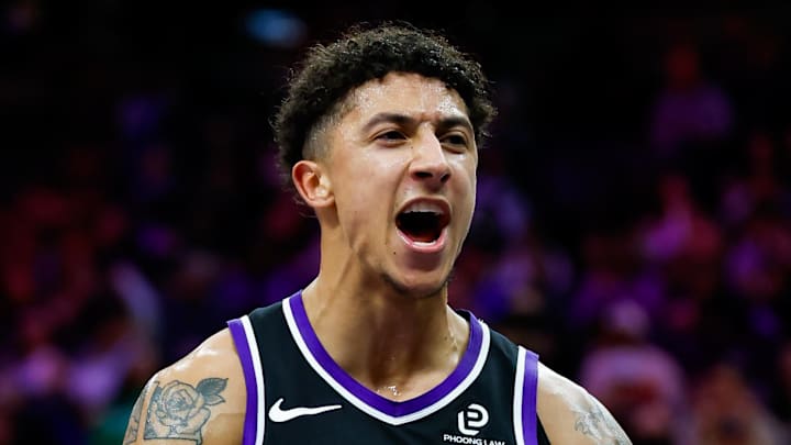 Jan 20, 2026; Sacramento, California, USA; Sacramento Kings guard Nique Clifford (5) reacts after scoring against the Miami Heat during the fourth quarter at Golden 1 Center. Mandatory Credit: Sergio Estrada-Imagn Images