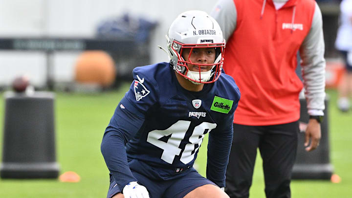 May 9, 2026; Foxborough, MA, USA; New England Patriots linebacker Namdi Obiazor (48) does a drill with running back Myles Montgomery (39) during the New England Patriots rookie camp at Gillette Stadium. Mandatory Credit: Eric Canha-Imagn Images