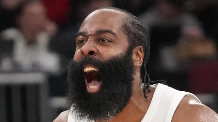 Cleveland Cavaliers guard James Harden (1) reacts after making a three point basket against the Chicago Bulls during the second half at United Center on Mar 19, 2026.