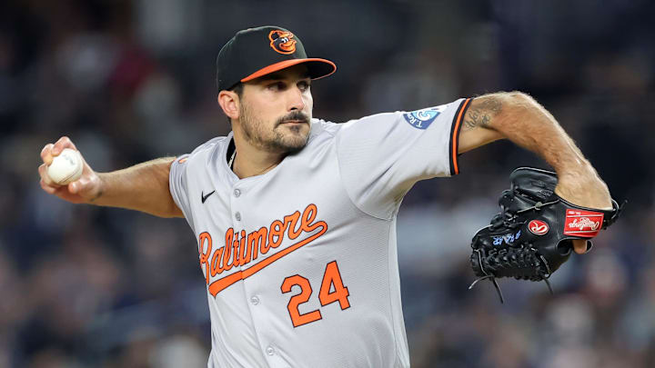 Sep 25, 2024; Bronx, New York, USA; Baltimore Orioles starting pitcher Zach Eflin (24) pitches against the New York Yankees during the first inning at Yankee Stadium. 