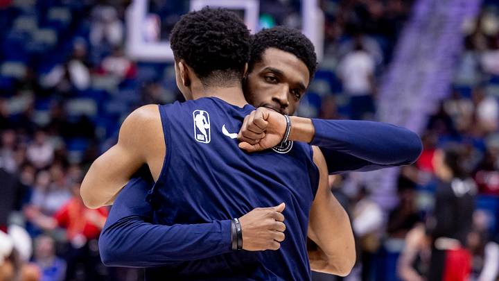 Feb 23, 2024; New Orleans, Louisiana, USA; New Orleans Pelicans guard Trey Murphy III (25) hugs forward Herbert Jones (5) during the first half against the Miami Heat at Smoothie King Center. Mandatory Credit: Stephen Lew-USA TODAY Sports Feb 23, 2024; New Orleans, Louisiana, USA; New Orleans Pelicans guard Trey Murphy III (25) hugs forward Herbert Jones (5) during the first half against the Miami Heat at Smoothie King Center. Mandatory Credit: Stephen Lew-USA TODAY Sports