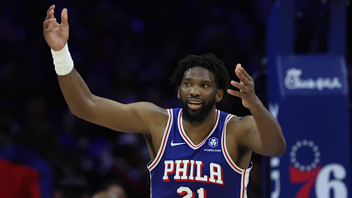 Mar 25, 2026; Philadelphia, Pennsylvania, USA; Philadelphia 76ers center Joel Embiid (21) reacts after a score against the Chicago Bulls during the third quarter at Xfinity Mobile Arena. Mandatory Credit: Bill Streicher-Imagn Images Mar 25, 2026; Philadelphia, Pennsylvania, USA; Philadelphia 76ers center Joel Embiid (21) reacts after a score against the Chicago Bulls during the third quarter at Xfinity Mobile Arena. Mandatory Credit: Bill Streicher-Imagn Images