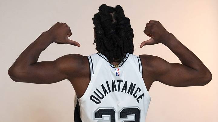 Sep 28, 2026; San Antonio, TX, USA; San Antonio Spurs forward Jayden Quaintance (22) poses for photos during Media Day at Victory Capital Performance Center in San Antonio, Texas. Sep 28, 2026; San Antonio, TX, USA; San Antonio Spurs forward Jayden Quaintance (22) poses for photos during Media Day at Victory Capital Performance Center in San Antonio, Texas.