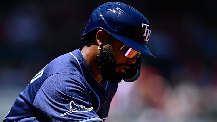 Tampa Bay Rays third baseman Junior Caminero (13) rounds the bases after hitting a two-run home run during the first inning against the Los Angeles Angels at Angel Stadium of Anaheim. 
