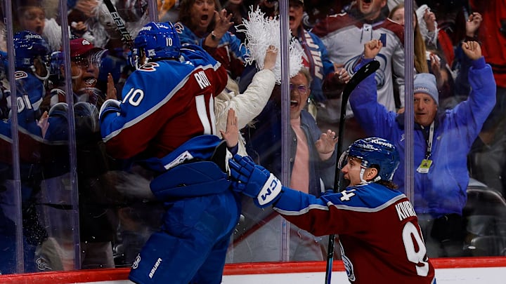 Apr 21, 2026; Denver, Colorado, USA; Colorado Avalanche center Nicolas Roy (10) celebrates his game winning goal with left wing Joel Kiviranta (94) in overtime against the Los Angeles Kings in game two of the first round of the 2026 Stanley Cup Playoffs at Ball Arena. Mandatory Credit: Isaiah J. Downing-Imagn Images