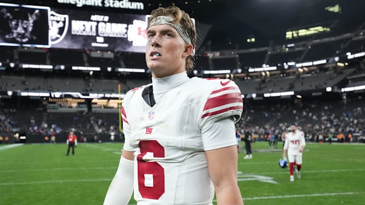 Dec 28, 2025; Paradise, Nevada, USA; New York Giants quarterback Jaxson Dart (6) looks on after the game against the Las Vegas Raiders at Allegiant Stadium.  