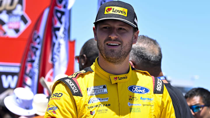 May 4, 2025; Fort Worth, Texas, USA; NASCAR Cup Series driver Todd Gilliland (34) is introduced before the start of the Wurth 400 race at Texas Motor Speedway. Mandatory Credit: Jerome Miron-Imagn Images