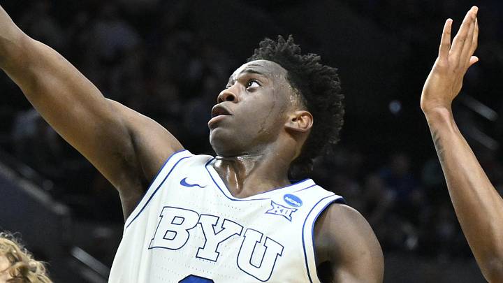 Mar 19, 2026; Portland, OR, USA; BYU Cougars forward AJ Dybantsa (3) shoots against Texas Longhorns forward Dailyn Swain (3) in the first half during a first round game of the men's 2026 NCAA Tournament at Moda Center. Mandatory Credit: Craig Strobeck-Imagn Images Mar 19, 2026; Portland, OR, USA; BYU Cougars forward AJ Dybantsa (3) shoots against Texas Longhorns forward Dailyn Swain (3) in the first half during a first round game of the men's 2026 NCAA Tournament at Moda Center. Mandatory Credit: Craig Strobeck-Imagn Images