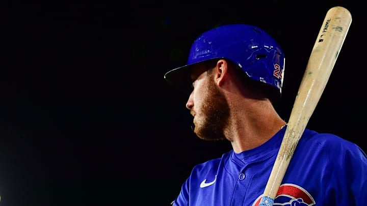 Sep 9, 2024; Los Angeles, California, USA; Chicago Cubs right fielder Cody Bellinger (24) on deck before hitting against the Los Angeles Dodgers during the fourth inning at Dodger Stadium