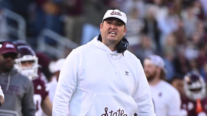 Mississippi State Bulldogs coach Jeff Lebby reacts on the sideline during the second quarter against the Missouri Tigers at Davis Wade Stadium at Scott Field.
