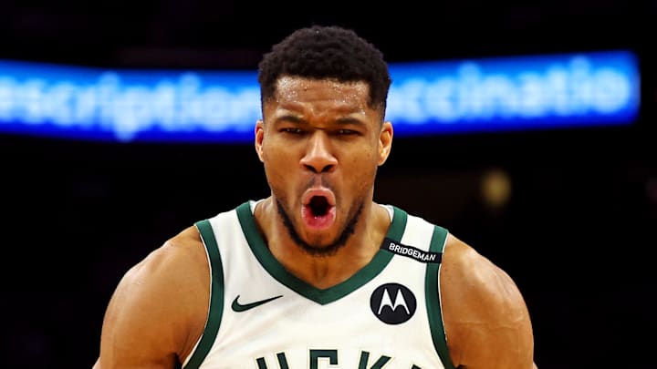 Mar 24, 2025; Phoenix, Arizona, USA; Milwaukee Bucks forward Giannis Antetokounmpo (34) reacts after a play during the second quarter against the Phoenix Suns at Footprint Center. Mandatory Credit: Mark J. Rebilas-Imagn Images