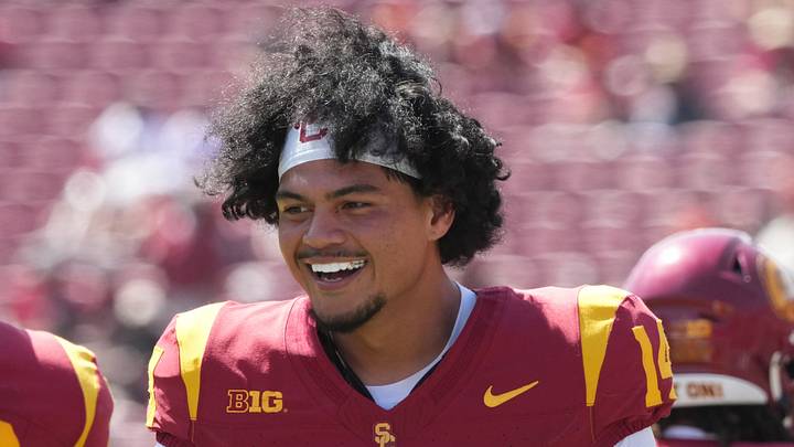 Aug 29, 2026; Los Angeles, California, USA; Southern California Trojans quarterback Jayden Maiava (14) and linebacker Taylor Johnson (50) react in the second half against the San Jose State Spartans at United Airlines Field at Los Angeles Memorial Coliseum. Mandatory Credit: Kirby Lee-Imagn Images