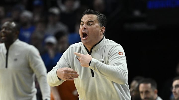 Texas Longhorns head coach Sean Miller in the second half against the BYU Cougars during a first round game of the men's 2026 NCAA Tournament at Moda Center. Texas Longhorns head coach Sean Miller in the second half against the BYU Cougars during a first round game of the men's 2026 NCAA Tournament at Moda Center.