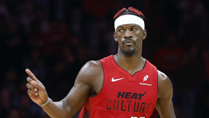 Nov 24, 2024; Miami, Florida, USA;  Miami Heat forward Jimmy Butler (22) reacts against the Dallas Mavericks during the second half  at Kaseya Center. Mandatory Credit: Rhona Wise-Imagn Images