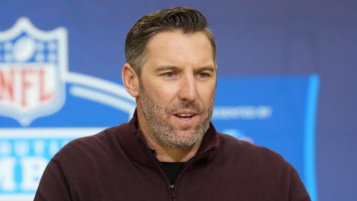 Feb 24, 2026; Indianapolis, IN, USA; Washington Commanders general manager Adam Peters speaks at the NFL Scouting Combine at the Indiana Convention Center. Mandatory Credit: Kirby Lee-Imagn Images