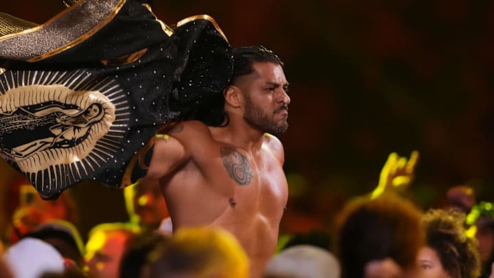 Feb 1, 2025; Indianapolis, IN, USA; Santos Escobar during the Men’s Royal Rumble match during the WWE Royal Rumble at Lucas Oil Stadium. Mandatory Credit: Joe Camporeale-Imagn Images