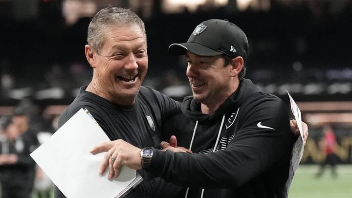 Sep 27, 2026; New Orleans, Louisiana, USA; Las Vegas Raiders head coach Klint Kubiak and quarterbacks coach Mike Sullivan celebreate after defeating the Las Vegas Raiders at Caesars Superdome. Mandatory Credit: Matthew Hinton-Imagn Images Sep 27, 2026; New Orleans, Louisiana, USA; Las Vegas Raiders head coach Klint Kubiak and quarterbacks coach Mike Sullivan celebreate after defeating the Las Vegas Raiders at Caesars Superdome. Mandatory Credit: Matthew Hinton-Imagn Images