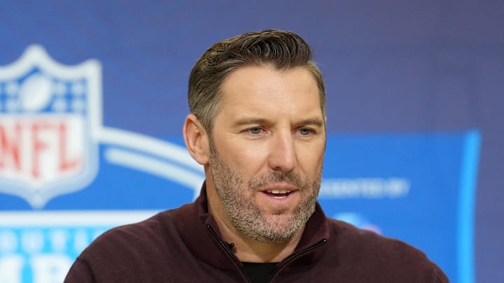 Washington Commanders general manager Adam Peters speaks at the NFL Scouting Combine.