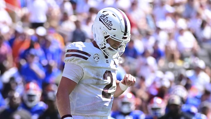 Mississippi State Bulldogs quarterback Blake Shapen (2) walks off the field after a turnover against the Florida Gators during the third quarter at Davis Wade Stadium at Scott Field. 