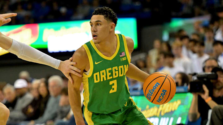 Dec 6, 2025; Los Angeles, California, USA;  UCLA Bruins forward Tyler Bilodeau (34) guards Oregon Ducks guard Jackson Shelstad (3) during the second half at Pauley Pavilion presented by Wescom Financial. Mandatory Credit: Jayne Kamin-Oncea-Imagn Images