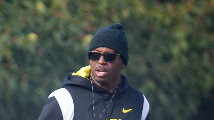 New co-defensive coordinator and safeties coach Chris Hampton, right, joins the first practice of spring for Oregon football as they prepare for the 2023 season.

Eug 031623 Uo Spring Fb 06