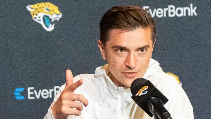The Jacksonville Jaguars’ first-round pick, Colorado Buffaloes wide receiver and defensive back Travis Hunter, left, listens as General Manager James Gladstone, right. Answers questions during a press conference Friday, March 25, 2025 at Miller Electric Center in Jacksonville, Fla. [Doug Engle/Florida Times-Union]