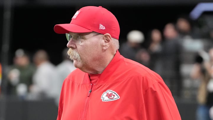 Jan 4, 2026; Paradise, Nevada, USA; Kansas City Chiefs head coach Andy Reid reacts during the game against the Las Vegas Raiders at Allegiant Stadium. Mandatory Credit: Kirby Lee-Imagn Images