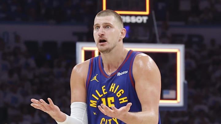 May 13, 2025; Oklahoma City, Oklahoma, USA; Denver Nuggets guard Jamal Murray (27) and center Nikola Jokic (15) react to an official's call after a play against the Oklahoma City Thunder during the second quarter of game five of the second round for the 2025 NBA Playoffs at Paycom Center. Mandatory Credit: Alonzo Adams-Imagn Images