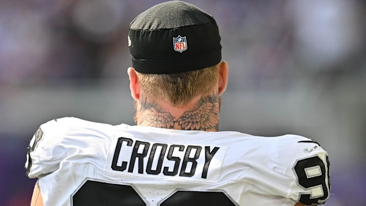 Aug 10, 2024; Minneapolis, Minnesota, USA; Las Vegas Raiders defensive end Maxx Crosby (98) looks on during the game against the Minnesota Vikings at U.S. Bank Stadium. Mandatory Credit: Jeffrey Becker-Imagn Images