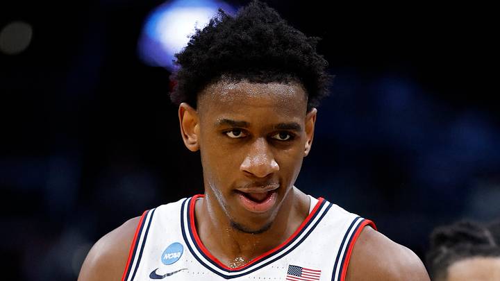 Mar 27, 2026; Washington, DC, USA; UConn Huskies forward Tarris Reed Jr. (5) reacts against the Michigan State Spartans  in the first half during a Sweet Sixteen game of the East Regional of the men's 2026 NCAA Tournament at Capital One Arena. Mandatory Credit: Amber Searls-Imagn Images