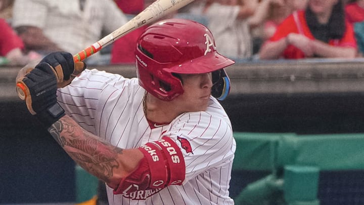 Razorbacks Kuhio Aloy stares down an impending pitch against UAPB.