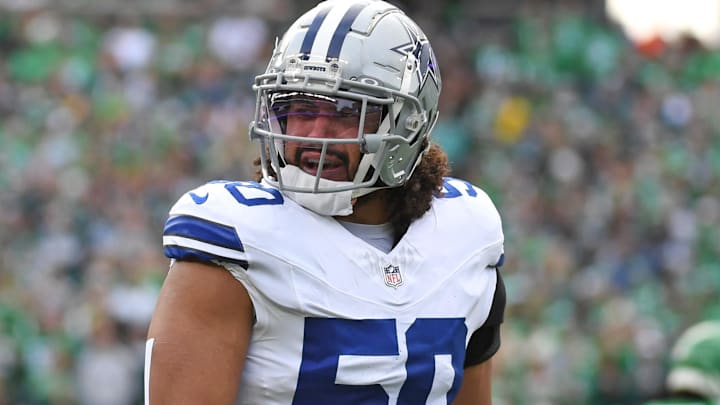 Dec 29, 2024; Philadelphia, Pennsylvania, USA; Dallas Cowboys linebacker Eric Kendricks (50) against the Philadelphia Eagles at Lincoln Financial Field. Mandatory Credit: Eric Hartline-Imagn Images