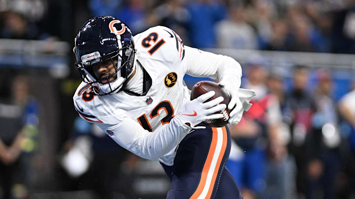 Nov 28, 2024; Detroit, Michigan, USA; Chicago Bears wide receiver Keenan Allen (13) catches a touchdown pass against the Detroit Lions in the third quarter at Ford Field. Mandatory Credit: Lon Horwedel-Imagn Images