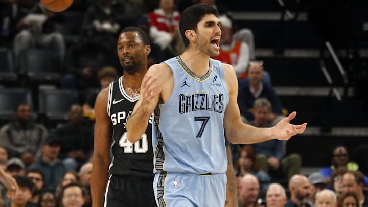 Jan 6, 2026; Memphis, Tennessee, USA; Memphis Grizzlies forward Santi Aldama (7) reacts during the first quarter against the San Antonio Spurs at FedExForum. Mandatory Credit: Petre Thomas-Imagn Images Jan 6, 2026; Memphis, Tennessee, USA; Memphis Grizzlies forward Santi Aldama (7) reacts during the first quarter against the San Antonio Spurs at FedExForum. Mandatory Credit: Petre Thomas-Imagn Images