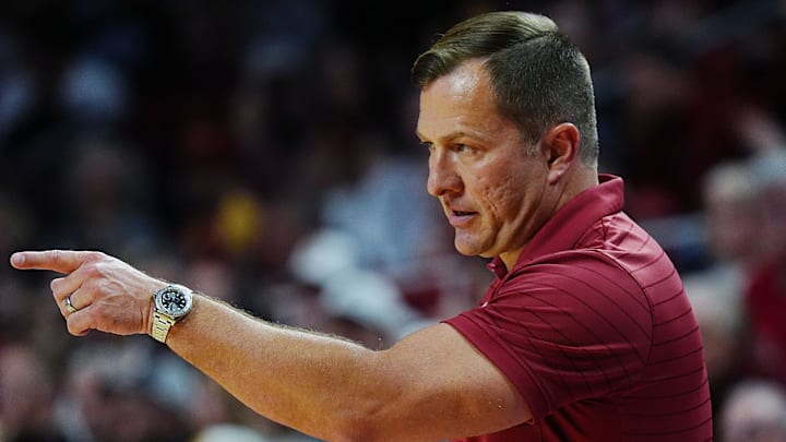 Iowa State Cyclones men's basketball head coach T.J. Otzelberger calls a play during the second half against Oklahoma State in the Big-12 men’s basketball on Jan. 10, 2026, at Hilton Coliseum in Ames, Iowa.