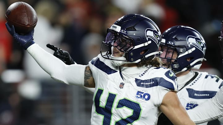 Jan 3, 2026; Santa Clara, California, USA; Seattle Seahawks linebacker Drake Thomas (42) reacts after an interception against the San Francisco 49ers during the second half at Levi's Stadium. Mandatory Credit: Sergio Estrada-Imagn Images