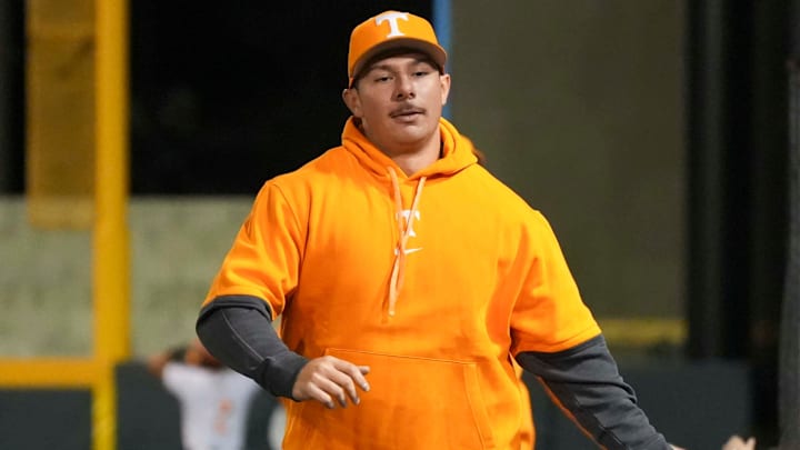 Tennessee first baseman Alberto Osuna (45) high-fives fans during a NCAA baseball game between Tennessee and St. Bonaventure at Lindsey Nelson Stadium on Friday, March 6, 2025.