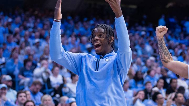 Mar 3, 2026; Chapel Hill, North Carolina, USA; North Carolina Tar Heels forward Caleb Wilson (8) and Gurad Elijah Davis (6) celebrate during the second half against the Clemson Tigers at Dean E. Smith Center. Mandatory Credit: Scott Kinser-Imagn Images