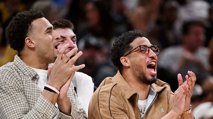 Mar 25, 2026; Indianapolis, Indiana, USA; Tyrese Haliburton reacts to a three point shot during the second quarter against the Los Angeles Lakers at Gainbridge Fieldhouse. Mandatory Credit: Marc Lebryk-Imagn Images
