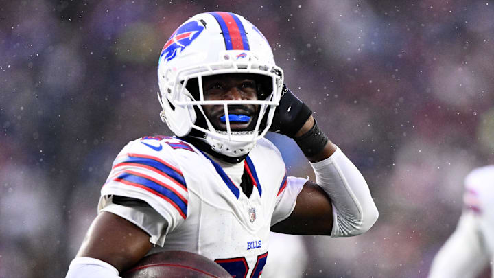 Dec 14, 2025; Foxborough, Massachusetts, USA; Buffalo Bills cornerback Tre'Davious White (27) reacts after intercepting a pass against the New England Patriots during the second half at Gillette Stadium. Mandatory Credit: Brian Fluharty-Imagn Images