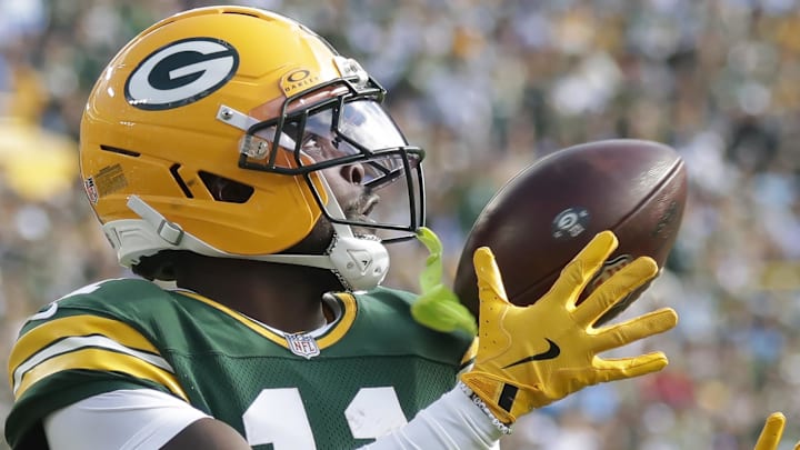 Green Bay Packers wide receiver Jayden Reed scores a touchdown against the Detroit Lions in Week 1. Green Bay Packers wide receiver Jayden Reed scores a touchdown against the Detroit Lions in Week 1.