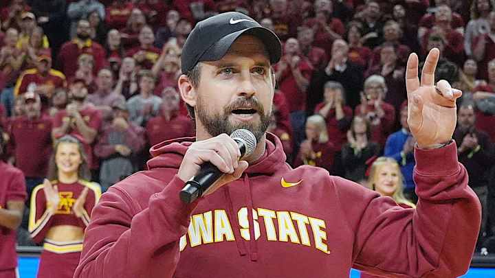Iowa State football coach Jimmy Rogers speaks during a timeout in the first half in the Iowa State and Iowa men’s basketball Cy-Hawk series at Hilton coliseum on Dec. 11, 2025, in Ames, Iowa.
