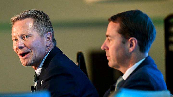 Michigan State University President Kevin Guskiewicz, left, speaks on stage with MSU Athletic Director J Batt during a panel discussion hosted by the Lansing Economic Club on Thursday, Sept. 11, 2025, at the Kellogg Center in East Lansing. Michigan State University President Kevin Guskiewicz, left, speaks on stage with MSU Athletic Director J Batt during a panel discussion hosted by the Lansing Economic Club on Thursday, Sept. 11, 2025, at the Kellogg Center in East Lansing.